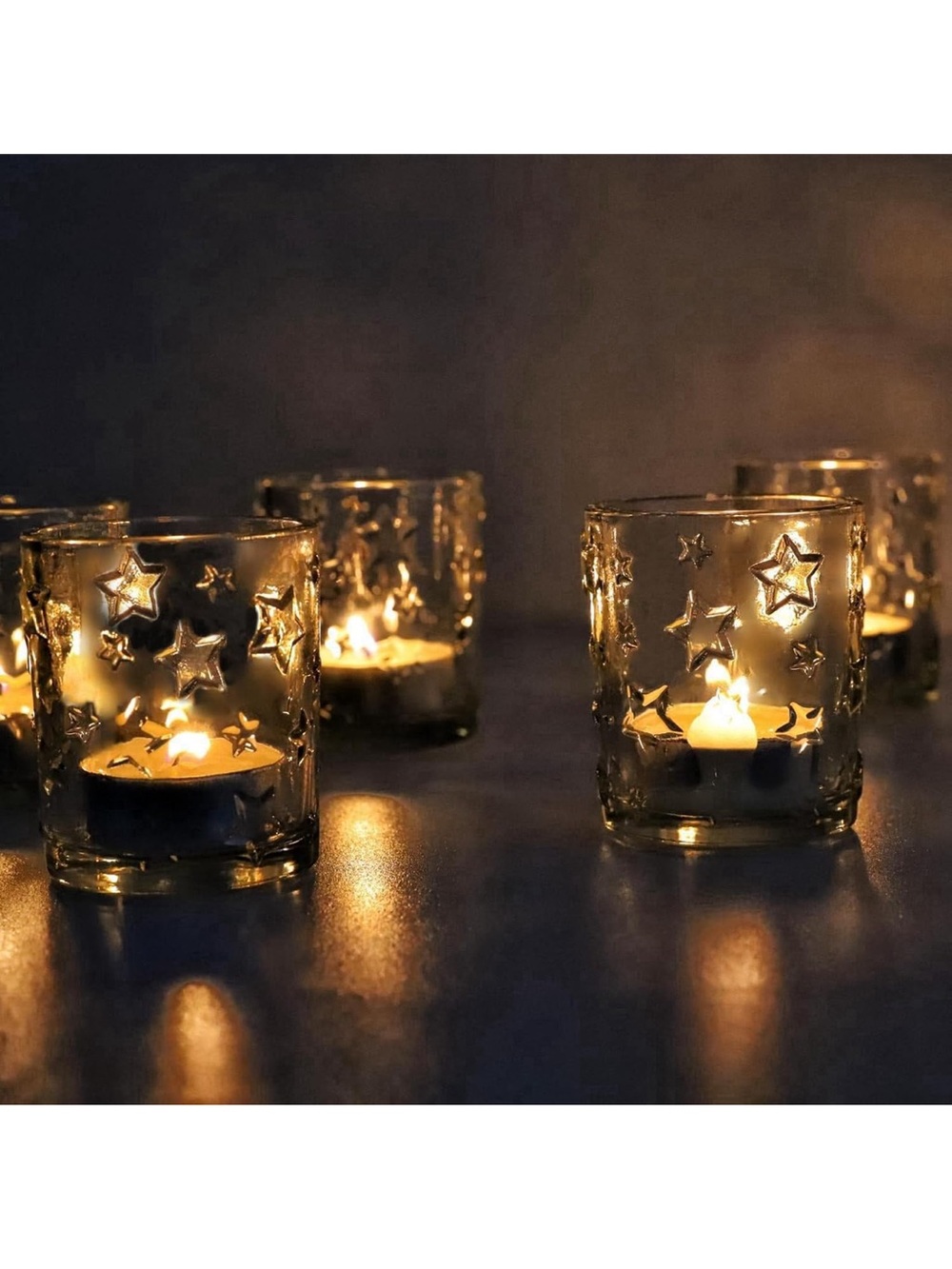 Clear Embossed Star Votive Candle Holders Set of 6 - Picture 2 of 6